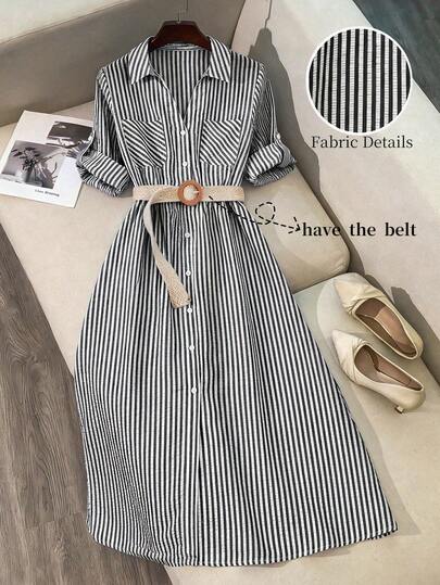 GlowEve CURVE Đầm sơ mi tay ngắn kẻ sọc xanh trắng thanh lịch dành cho nữ cỡ lớn, thích hợp mặc đi làm mùa xuân/hè.
