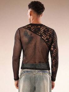 FeverCity Men's Solid Color Round Neck Long Sleeve Lace Fashionable Sheer Sexy T-Shirt - Black - View 2
