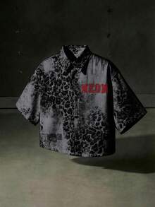 NEON BLANC Áo sơ mi denim tay ngắn in chữ họa tiết da báo màu xám dành cho nam - Màu xám đen - Xem 1