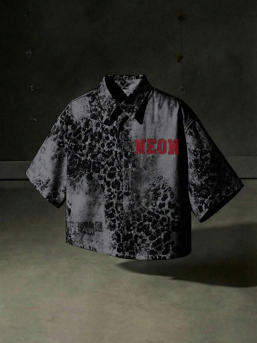 NEON BLANC Áo sơ mi denim tay ngắn in chữ họa tiết da báo màu xám dành cho nam - Màu xám đen - Xem 1