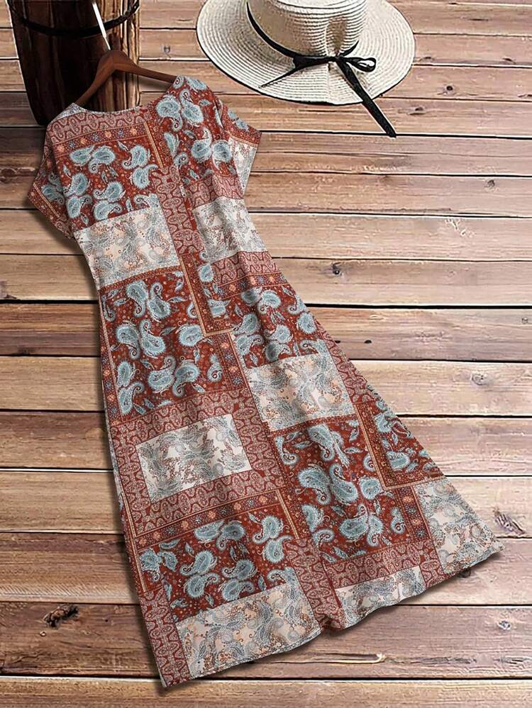 Plus Size Women's Vacation Style Patchwork Floral Print Side Slit Loose Long Beach Dress