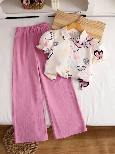 SHEIN 2pcs/Set Tween GirlsColorful Bow Tie Ruffle Sleeve White Shirt + Purple Loose Wide Leg Pants, Casual Daily Wear, Vacation, Summer