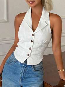 DAZY Top sin espalda ajustado de unicolor de verano casual para mujer - Blanco - Ver 6