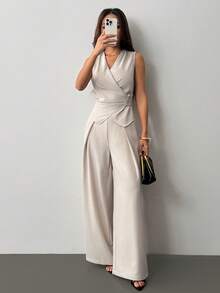 SHEIN PETITE 女款套裝，優雅通勤風，適合秋冬穿著，小碼女款 - 灰色 - 查看 5