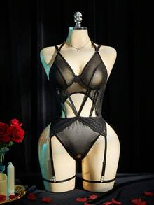 SpicyHot 蕾丝拼接网纱女士性感连体裤（性感+透视+连体裤+无钢圈） - 黑色 - 查看 6