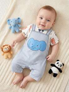 SHEIN Playful Pals Áo liền quần tay ngắn cổ tròn in họa tiết sọc và hoạt hình cho bé trai - Màu xanh lam - Xem 8