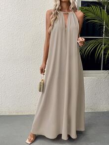EMERY ROSE Gaun Maxi Wanita Warna Polos Sederhana untuk Pakaian Sehari-hari, Model Leher Ayun dan Halter, Cocok untuk Liburan Pantai, Pakaian Khaki Musim Panas yang Elegan - Light Grey - View 5