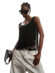 LYSMO 女士纯色串珠设计休闲圆领背心 - 黑色 - 查看 5