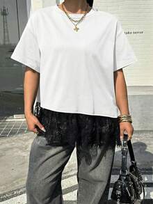 Muchica 大码女式圆领蕾丝拼接不对称下摆短袖T恤，时尚百搭 - 黑與白 - 查看 4
