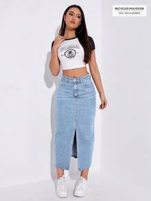 SHEIN ICON Solid Color Pocket Side Split Casual Versatile Denim Mini Skirt, Summer - Blue - View 5