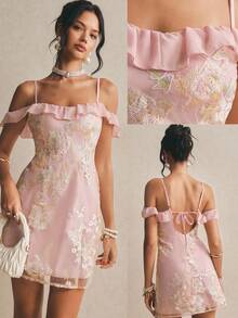 Poéselle 法式浪漫碎花连衣裙，甜美迷人性感修身腰裙 - 粉色 - 查看 7