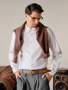 VeloEdit White Color Men's Solid Button-Down Long Sleeve Shirt, Collar, Fall Old Money, With Pocket & Button Front, Business Commuting & Boyfriend Summer - White - View 5
