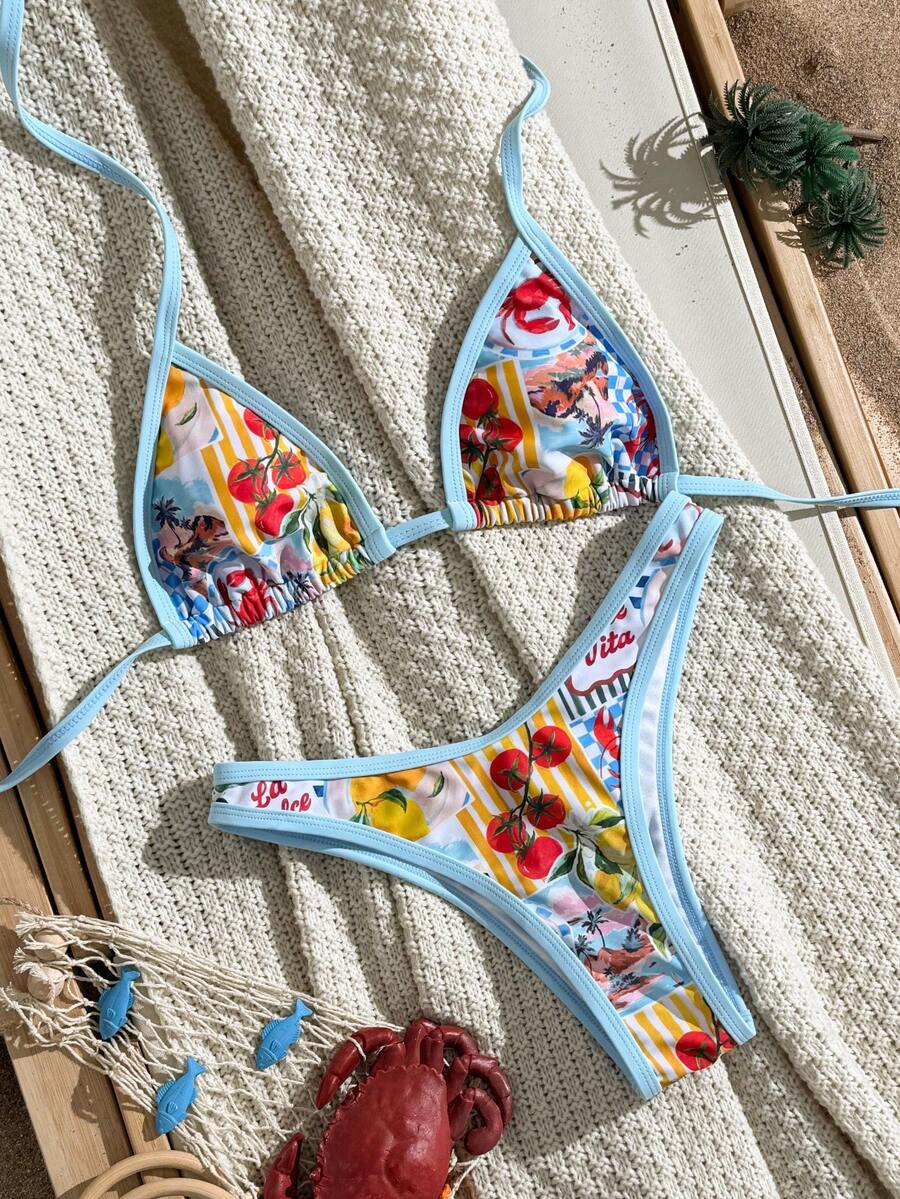 Swim Vcay 2026新款春夏女士两件套随机印花条纹三角比基尼泳裤及沙滩度假休闲比基尼套装 - 彩色 - 查看 1