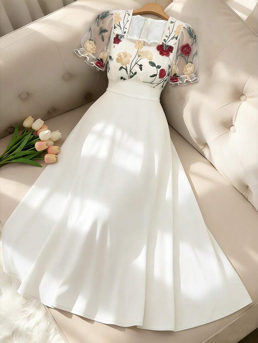 Modelyn Đầm dài thanh lịch dành cho nữ, cổ vuông, tay ngắn, phối lưới, eo. - Màu be - Xem 1
