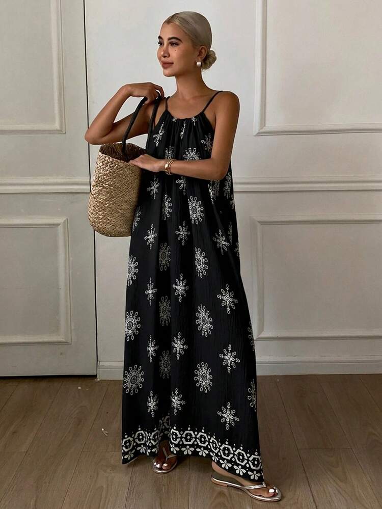 Vacation Style Floral Print Sleeveless Loose Mid-Length Dress For Women