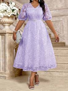 Fleurora Plus Size Women V-Neck Short Petal Sleeve Elegant Cutout Dress Dresses For Special Occasions Wedding Outfits For Women For Women Wedding Guest Elegant Dresses For Women Wedding Dresses For Women Wedding Dresses For Guests Elegant Ceremony Dresses Birthday Dress - Mauve Purple - View 4
