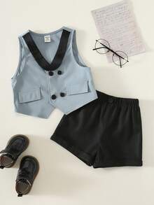 SHEIN 2pcs/Set Baby Boy Blue Summer Formal Wedding Guest Korean Style Contrast Color Double-Breasted Vest And Shorts Set,Suitable For Birthday Party,Baptism - Multicolor - View 7