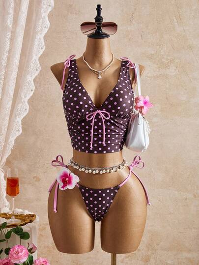 Bellisia Conjunto de Maiô Tankini com Amarração na Frente e Estampa de Bolinhas Feminino, Moda para Férias na Praia