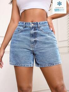 SHEIN PETITE Washed Denim Casual Shorts For Summer - Light Wash - View 6