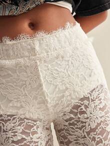 Easelle 女士性感时尚白色蕾丝透视喇叭裤 - 杏色 - 查看 7