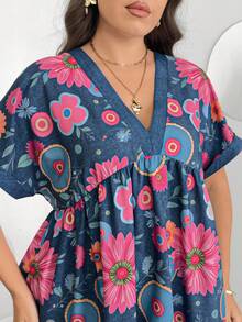 Enliva Plus-Size Women's V-Neck Short-Sleeved Casual Vacation Holiday Light Blue Summer Boho Floral Pattern Dress Flowy Music Festival For Apple Rounded Body - Multicolor - View 10