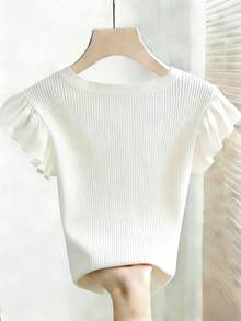 Franclia French V-Neck Ruffle Trim Knit Top, Soft & Age-Reducing Short Sleeve Blouse - White - View 2