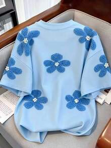 SHEIN 少女碎花印花宽松休闲撞色条纹圆领短袖T恤，适合夏季、日常穿着、返校季、姐妹装、度假等场合。 - 彩色 - 查看 2