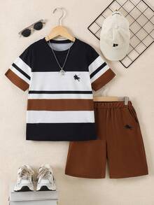 Vacaura 2pcs/Set Boys' Casual Colorblock Round Neck T-Shirt Set, Comfortable And Fashionable For Daily, School, Sports Wear - Brown - View 3