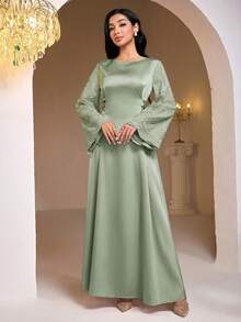 Al Najma Đầm dài tay cổ tròn phối ren tương phản kiểu Ả Rập thanh lịch dành cho nữ - màu xanh lá - Xem 7