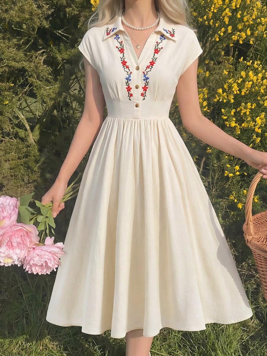 少女优雅复古刺绣领收腰连衣裙，适合春夏度假、休闲外出、毕业派对、花园下午茶、生日聚会等场合，卡其色，母女装。 - 米色 - 查看 1