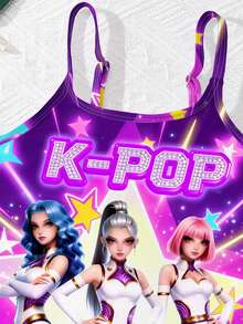 SHEIN Áo tắm liền thân in hình nhóm bé gái hoạt hình tối giản, màu tím rực rỡ, thích hợp cho mùa hè. - Nhiều màu - Xem 5