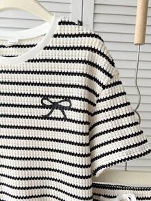 SHEIN 青少年女孩 2 件套黑白條紋夏季套裝，休閒度假假日服飾，復古 Y2K 上衣與短褲套裝 - 彩色 - 查看 4