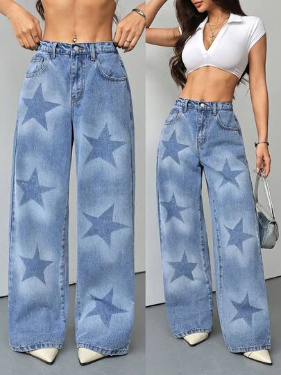 SHEIN PETITE Quần jeans nữ màu xanh dương đính kim cương lấp lánh, cạp thấp, ống rộng, phong cách lễ hội âm nhạc Y2K.