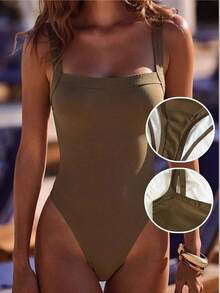 Swim Vcay 2026春夏女士可调节粗肩带纯色撞色拼接优雅修身连体泳衣 - 棕色 - 查看 1