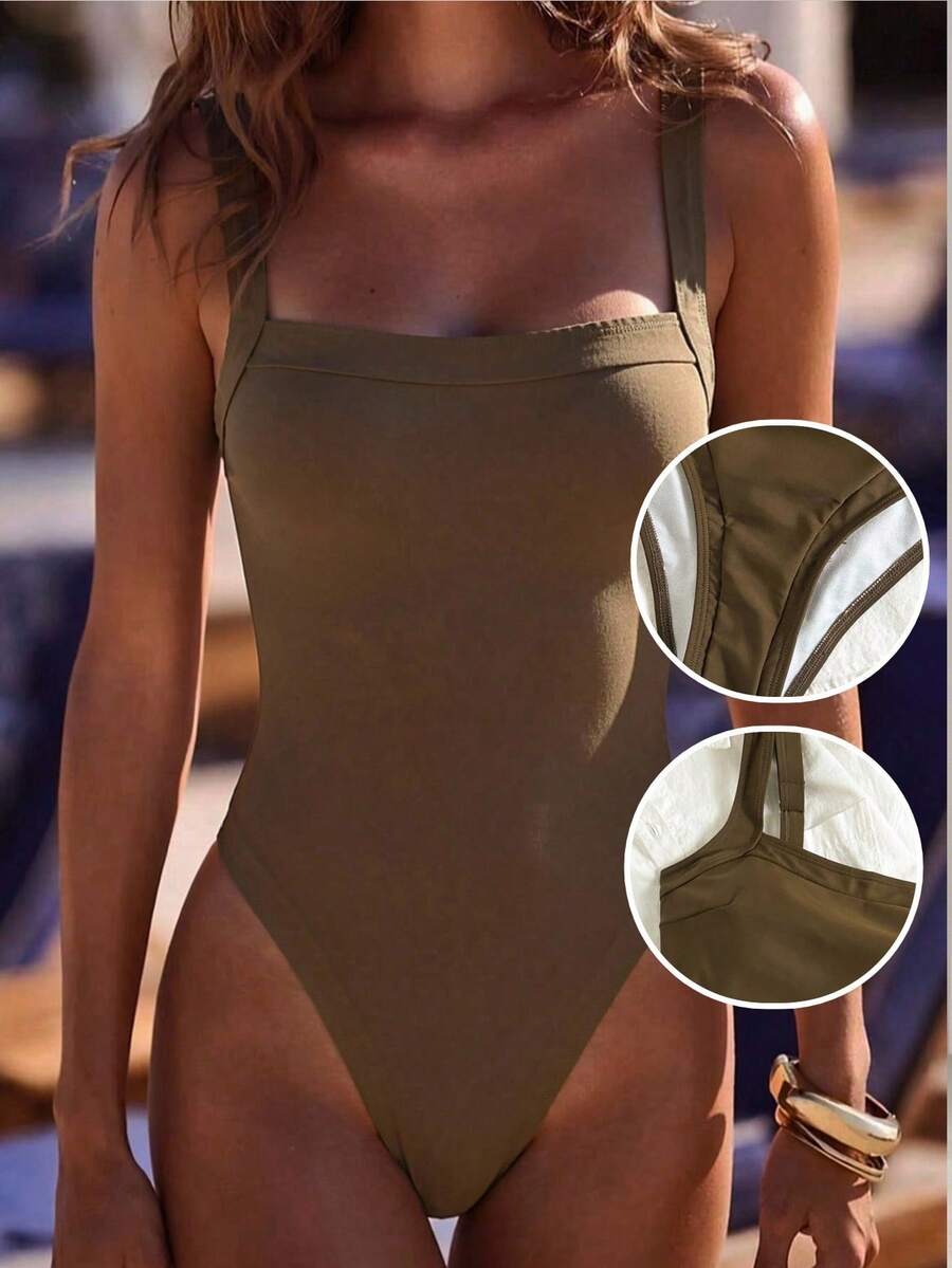 Swim Vcay 2026春夏女士可调节粗肩带纯色撞色拼接优雅修身连体泳衣 - 棕色 - 查看 1