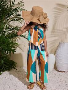 SHEIN 年轻女孩度假休闲梭织印花吊带上衣和阔腿裤套装 - 彩色 - 查看 4