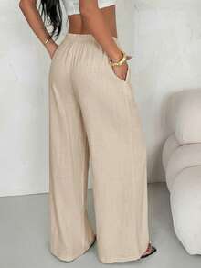 SHEIN PETITE Pantalones casuales de lino de cintura baja y pierna recta para mujer, adecuados para usar de vacaciones, primavera/verano - Albaricoque - Ver 2