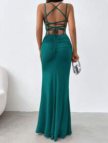 EURMUSE Solid Color Pleated Dress With Criss-cross Back Straps, Slit Hem Design - Dark Green - View 2