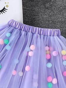 SHEIN 女童圆领3D立体花卉装饰短袖T恤和网纱裙休闲两件套 - 淡紫色 - 查看 5