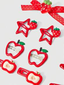 Kawaii 14 kiểu kẹp tóc hình dâu tây và táo hoạt hình ngẫu nhiên, kẹp mỏ vịt phối màu trái cây Y2K, kẹp BB, kẹp cài tóc kết hợp, phụ kiện tóc kiểu dáng dễ thương. - Táo đỏ - Xem 3