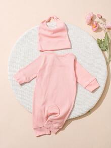 SHEIN Bộ 2 trang phục chụp ảnh cho bé gái sơ sinh gồm áo liền quần nhún bèo màu hồng kèm mũ thắt nút, đạo cụ chụp ảnh trẻ sơ sinh - Hồng - Xem 2