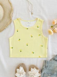SHEIN Tween Girl Lemon Print Round Neck Tank Top, Minimalist & Chic - Yellow - View 1