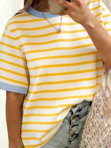 EMERY ROSE Striped Round Neck Casual Short Sleeved T-Shirt, Plus Size Women's T-Shirt, Summer - Multicolor - View 3