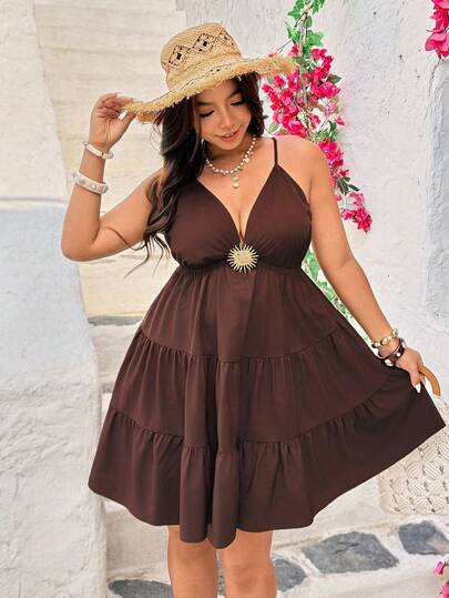 Vionelle Vestido informal de verano con decoración de girasoles y botones para mujer talla grande, color café
