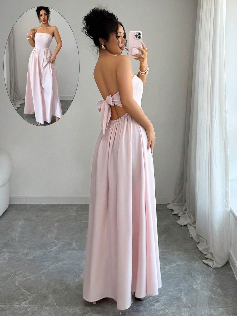 SHEIN Elenzya 女士优雅粉色长裙，休闲沙滩裙，适合约会、派对、周年纪念、婚礼、夏季日常出行 - 粉色 - 查看 1