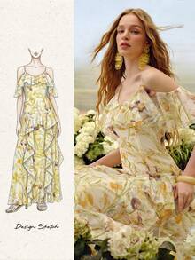 MOTF PREMIUM VESTIDO LARGO CON VOLANTES Y ESTAMPADO FLORAL ROMÁNTICO PARA MUJER, PRIMAVERA/VERANO - Multicolor - Ver 2