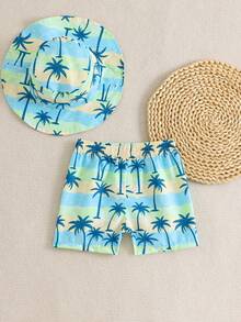 男婴泳装两件套，可爱绿色海龟图案泳裤和泳帽，可调节抽绳沙滩短裤，度假沙滩装 - 彩色 - 查看 2