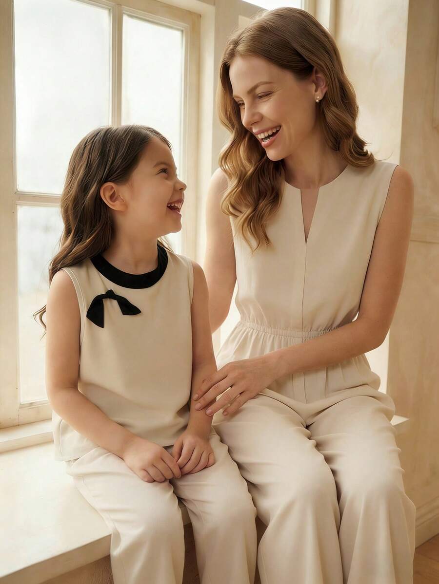 SHEIN Black And White 2 Pieces Set, Summer Family Matching Sleeveless Round Neck Top & Wide Leg Pants, Contrast Bow Decor Chic Casual Outfits For Tween Girl - Beige - View 1