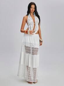 TypaGal Women's White Summer Boho Vacation Holiday Y2K Lace Backless Halter Top And Skirt 2-Piece Set,Chic Solid Color Carnival Party Beach Street Outfit - White - View 1