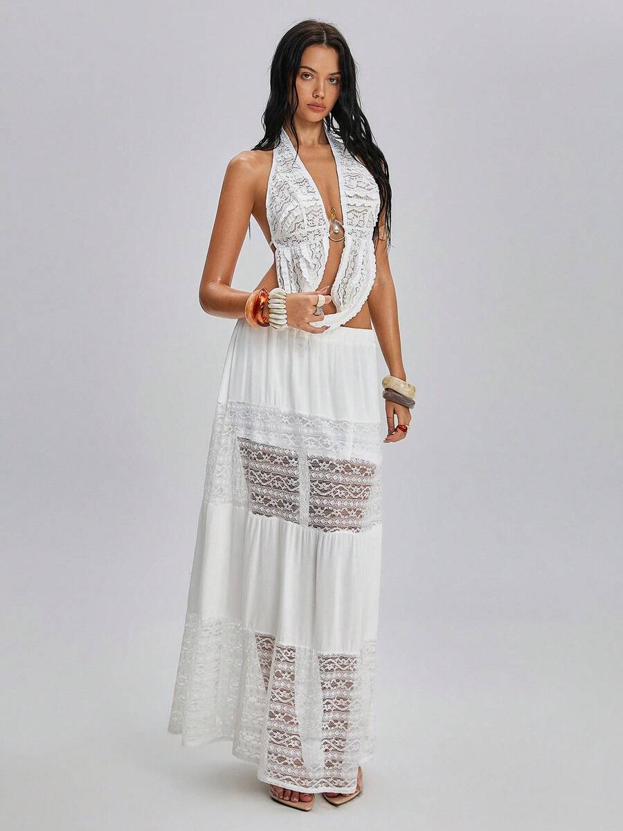 TypaGal Women's White Summer Boho Vacation Holiday Y2K Lace Backless Halter Top And Skirt 2-Piece Set,Chic Solid Color Carnival Party Beach Street Outfit - White - View 1